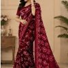 Burgundy Floral Printed Chiffon Saree with Blouse Piece
