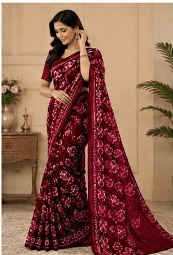 Burgundy Floral Printed Chiffon Saree with Blouse Piece