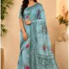Light Teal Blue Floral Printed Chiffon Saree with Unstitched Blouse Piece