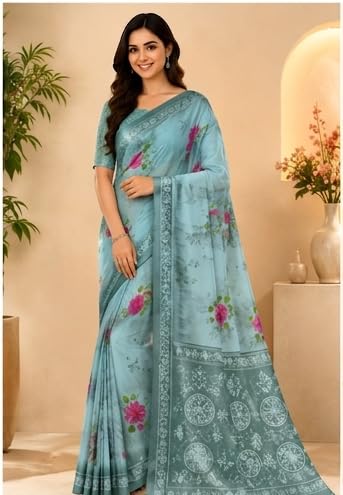 Light Teal Blue Floral Printed Chiffon Saree with Unstitched Blouse Piece