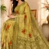 Olive Green Floral Printed Chiffon Saree with Unstitched Blouse Piece