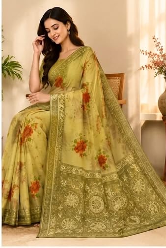 Olive Green Floral Printed Chiffon Saree with Unstitched Blouse Piece