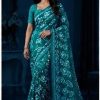 Polar Night Blue Floral Printed Chiffon Saree with Blouse Piece