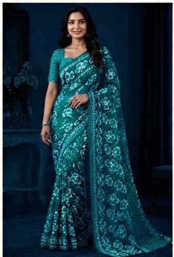 Polar Night Blue Floral Printed Chiffon Saree with Blouse Piece