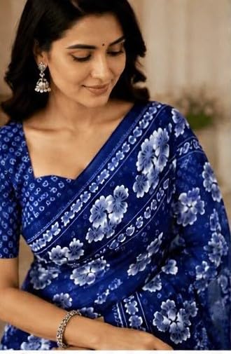Royal Blue Floral Printed Chiffon Saree with Blouse Piece