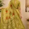 Olive Green Floral Printed Chiffon Saree with Unstitched Blouse Piece