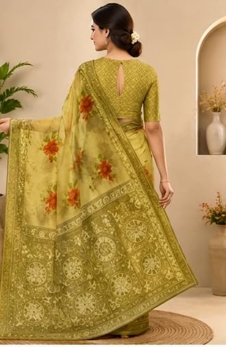 Olive Green Floral Printed Chiffon Saree with Unstitched Blouse Piece