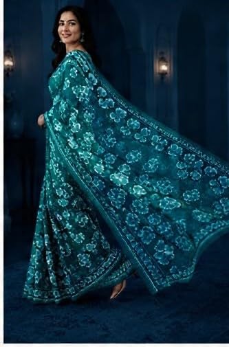 Polar Night Blue Floral Printed Chiffon Saree with Blouse Piece
