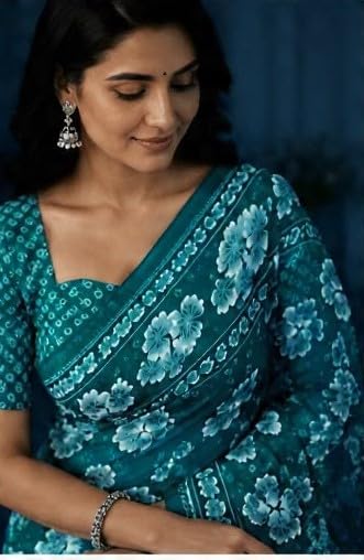 Polar Night Blue Floral Printed Chiffon Saree with Blouse Piece