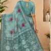 Light Teal Blue Floral Printed Chiffon Saree with Unstitched Blouse Piece
