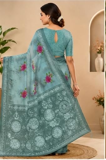 Light Teal Blue Floral Printed Chiffon Saree with Unstitched Blouse Piece