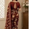 Coffee Brown Floral Printed Chiffon Saree with Blouse Piece
