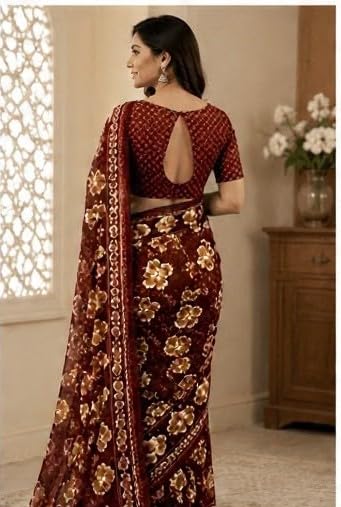 Coffee Brown Floral Printed Chiffon Saree with Blouse Piece