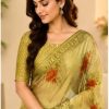 Olive Green Floral Printed Chiffon Saree with Unstitched Blouse Piece