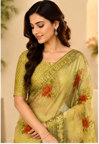 Olive Green Floral Printed Chiffon Saree with Unstitched Blouse Piece