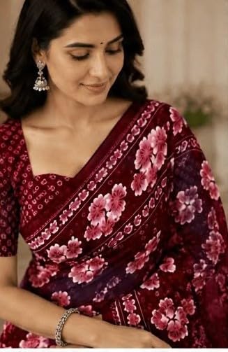 Burgundy Floral Printed Chiffon Saree with Blouse Piece