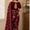 Burgundy Floral Printed Chiffon Saree with Blouse Piece