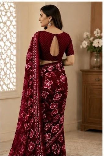 Burgundy Floral Printed Chiffon Saree with Blouse Piece
