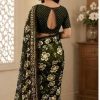 Dark Olive Floral Printed Chiffon Saree with Blouse Piece