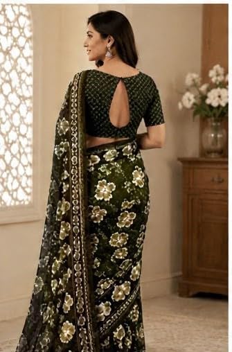 Dark Olive Floral Printed Chiffon Saree with Blouse Piece