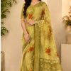 Olive Green Floral Printed Chiffon Saree with Unstitched Blouse Piece