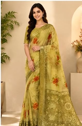 Olive Green Floral Printed Chiffon Saree with Unstitched Blouse Piece