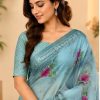 Light Teal Blue Floral Printed Chiffon Saree with Unstitched Blouse Piece