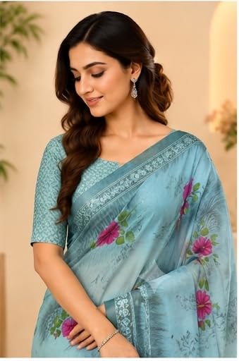 Light Teal Blue Floral Printed Chiffon Saree with Unstitched Blouse Piece