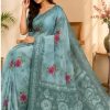 Light Teal Blue Floral Printed Chiffon Saree with Unstitched Blouse Piece