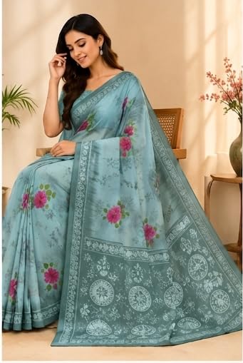 Light Teal Blue Floral Printed Chiffon Saree with Unstitched Blouse Piece