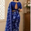 Royal Blue Floral Printed Chiffon Saree with Blouse Piece