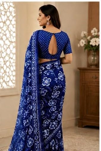 Royal Blue Floral Printed Chiffon Saree with Blouse Piece