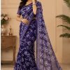 Purple Blue Floral Printed Chiffon Saree with Blouse Piece