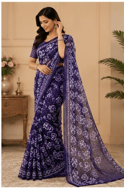 Purple Blue Floral Printed Chiffon Saree with Blouse Piece