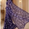 Purple Blue Floral Printed Chiffon Saree with Blouse Piece