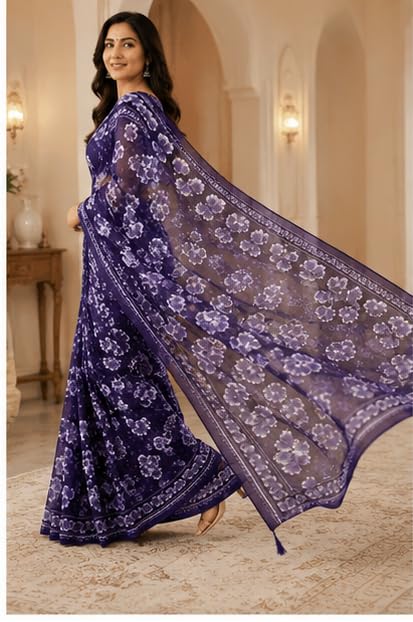 Purple Blue Floral Printed Chiffon Saree with Blouse Piece
