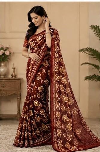 Coffee Brown Floral Printed Chiffon Saree with Blouse Piece