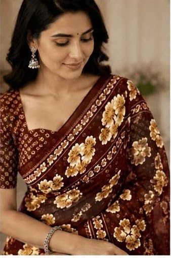 Coffee Brown Floral Printed Chiffon Saree with Blouse Piece