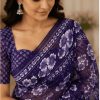 Purple Blue Floral Printed Chiffon Saree with Blouse Piece