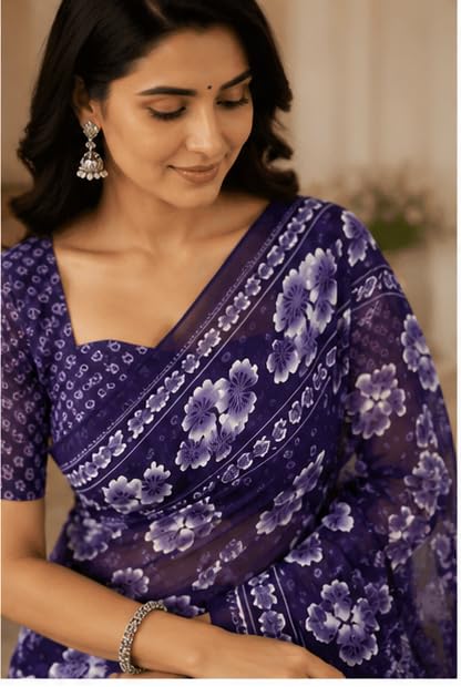 Purple Blue Floral Printed Chiffon Saree with Blouse Piece
