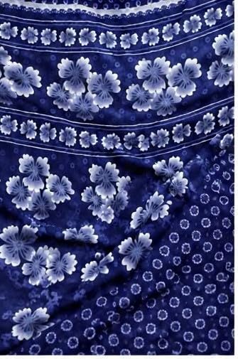Royal Blue Floral Printed Chiffon Saree with Blouse Piece