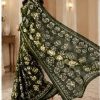 Dark Olive Floral Printed Chiffon Saree with Blouse Piece