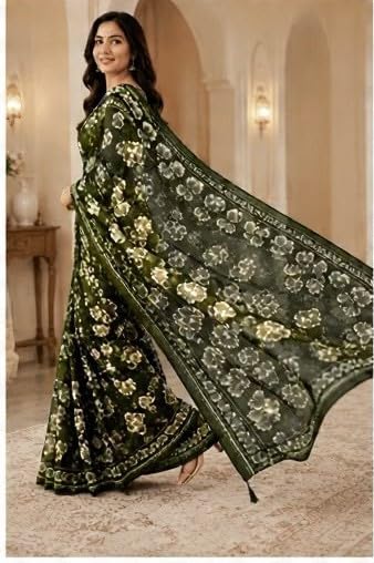 Dark Olive Floral Printed Chiffon Saree with Blouse Piece