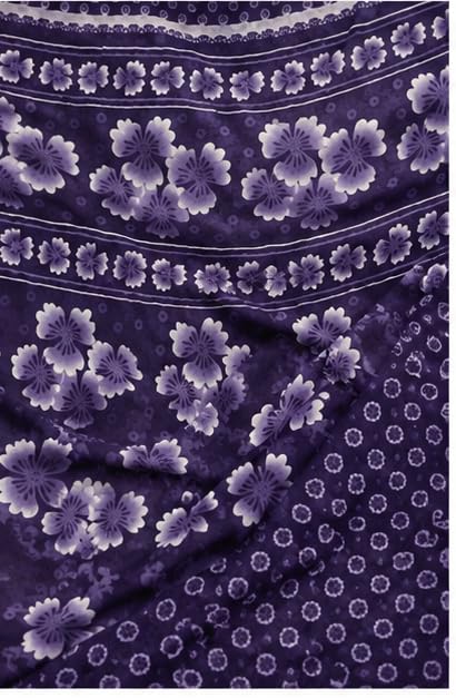 Purple Blue Floral Printed Chiffon Saree with Blouse Piece