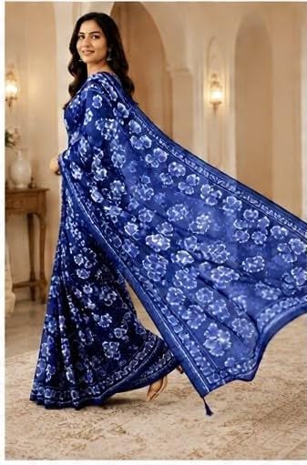 Royal Blue Floral Printed Chiffon Saree with Blouse Piece