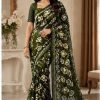 Dark Olive Floral Printed Chiffon Saree with Blouse Piece