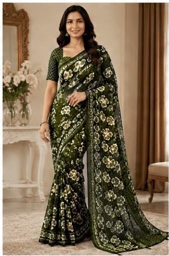 Dark Olive Floral Printed Chiffon Saree with Blouse Piece