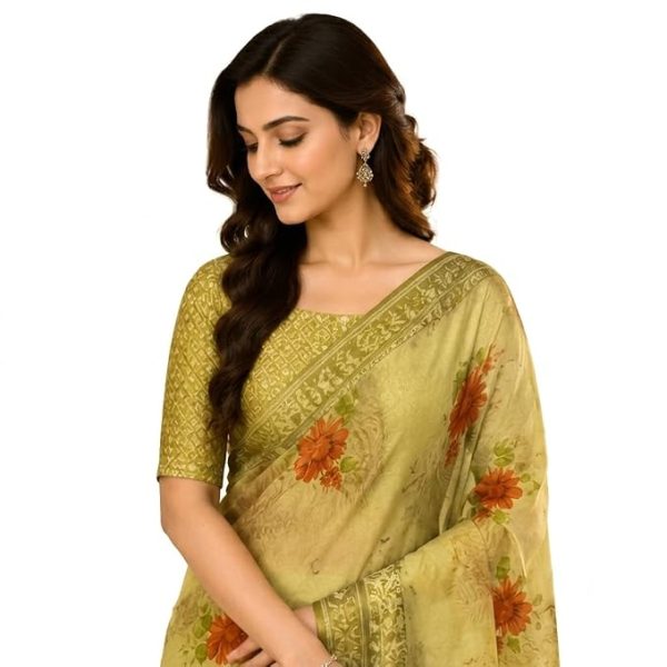 Olive Green Floral Printed Chiffon Saree with Unstitched Blouse Piece