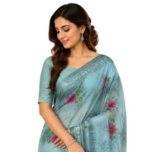 Light Teal Blue Floral Printed Chiffon Saree with Unstitched Blouse Piece