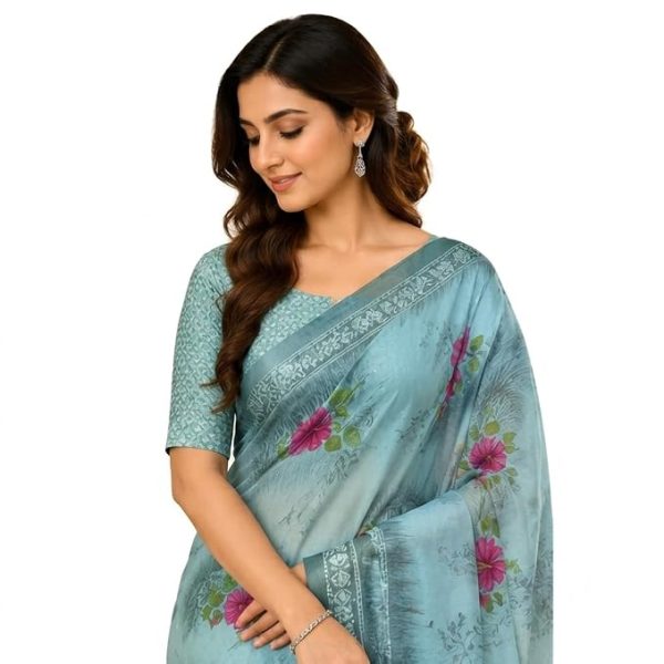 Light Teal Blue Floral Printed Chiffon Saree with Unstitched Blouse Piece